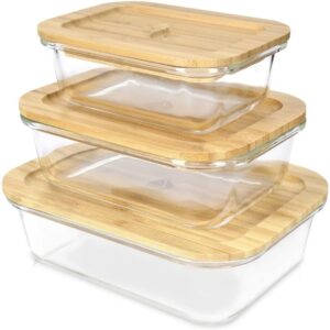 DISH BOROSILICATE GLASS WITH BAMBOO LID-SET OF 3