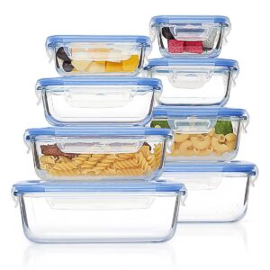 GLASS FOOD STORAGE CONTAINERS WITH LIDS 8 PIECE LEAK-PROOF MEAL PREP SET